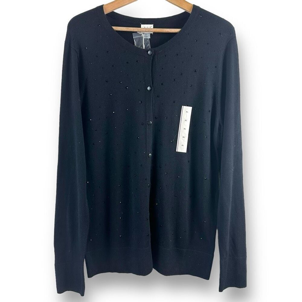 A New Day Women's XL Black Crystal Front Cardigan Sweater Glam Elevated Basic